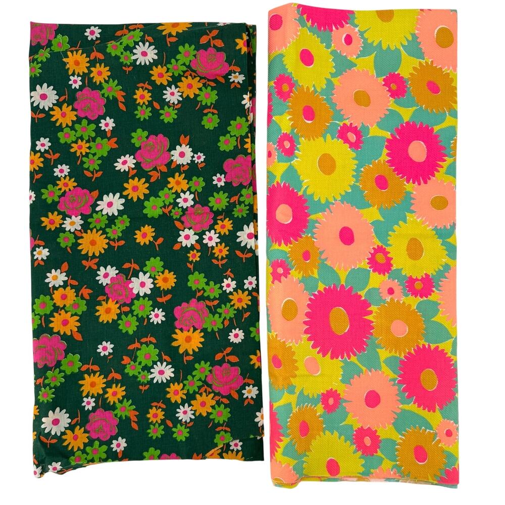 Lot 2 Vintage Floral Fabric 44in Wide For Crafts Upcycling Retro Mod Groovy